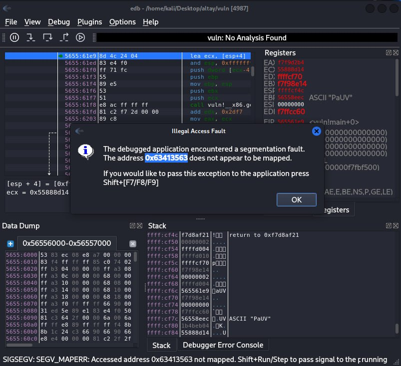 EDB debugger üzerinde çökme kaydı