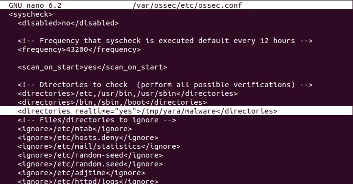 Wazuh agent ossec.conf dosyasında gerçek zamanlı FIM dizini