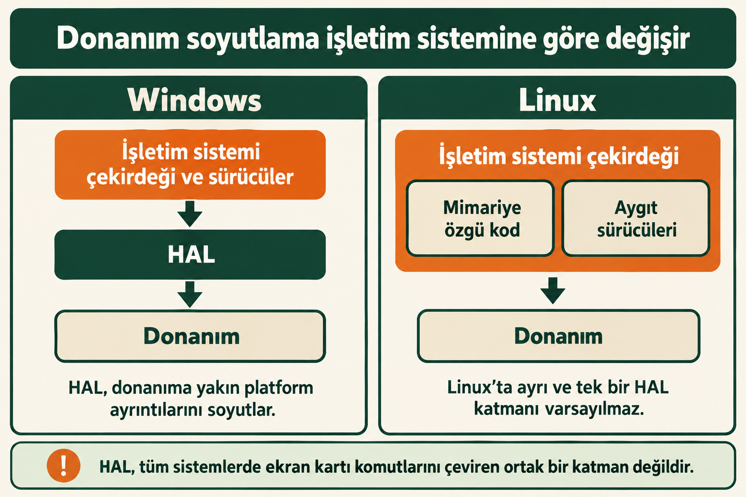 Windows'ta HAL'in işletim sistemi ile donanım arasındaki konumu ve Linux'ta mimariye özgü kod ile sürücülerin çekirdek içinde yer alması.