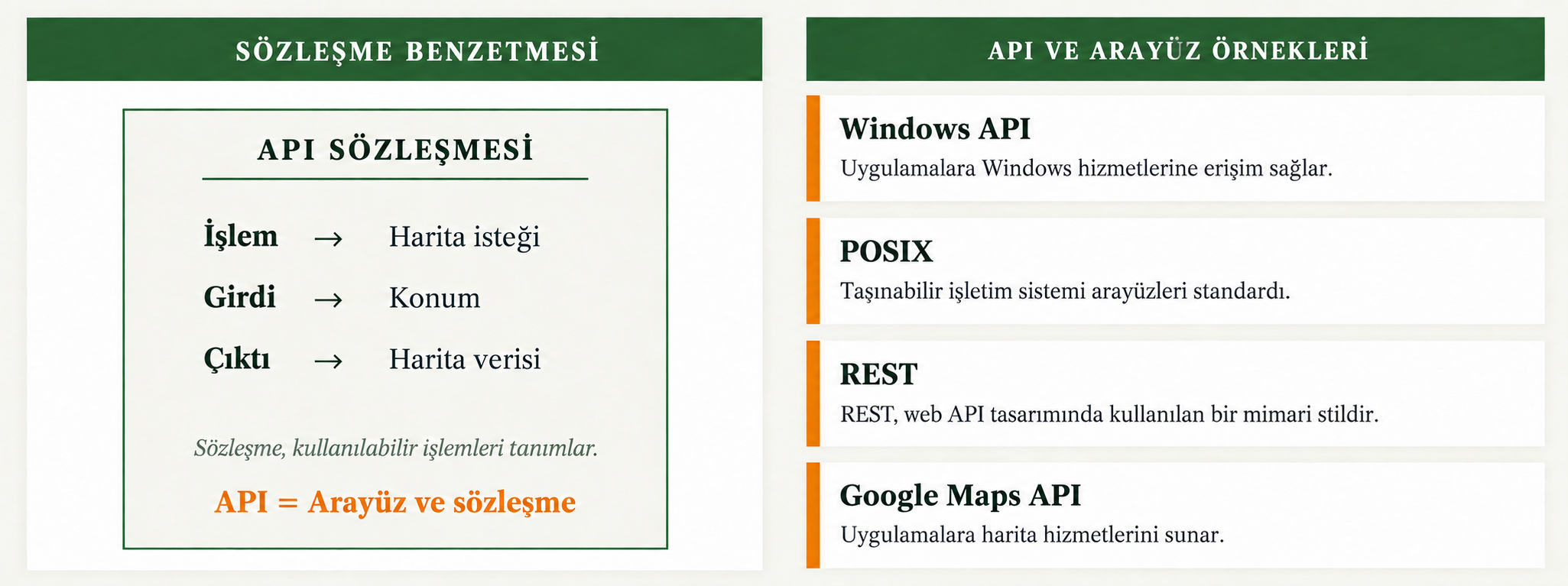 İşlem, girdi ve çıktı üzerinden API sözleşmesi örneği; Windows API, POSIX, REST ve Google Maps API kavramlarının ayrımı.