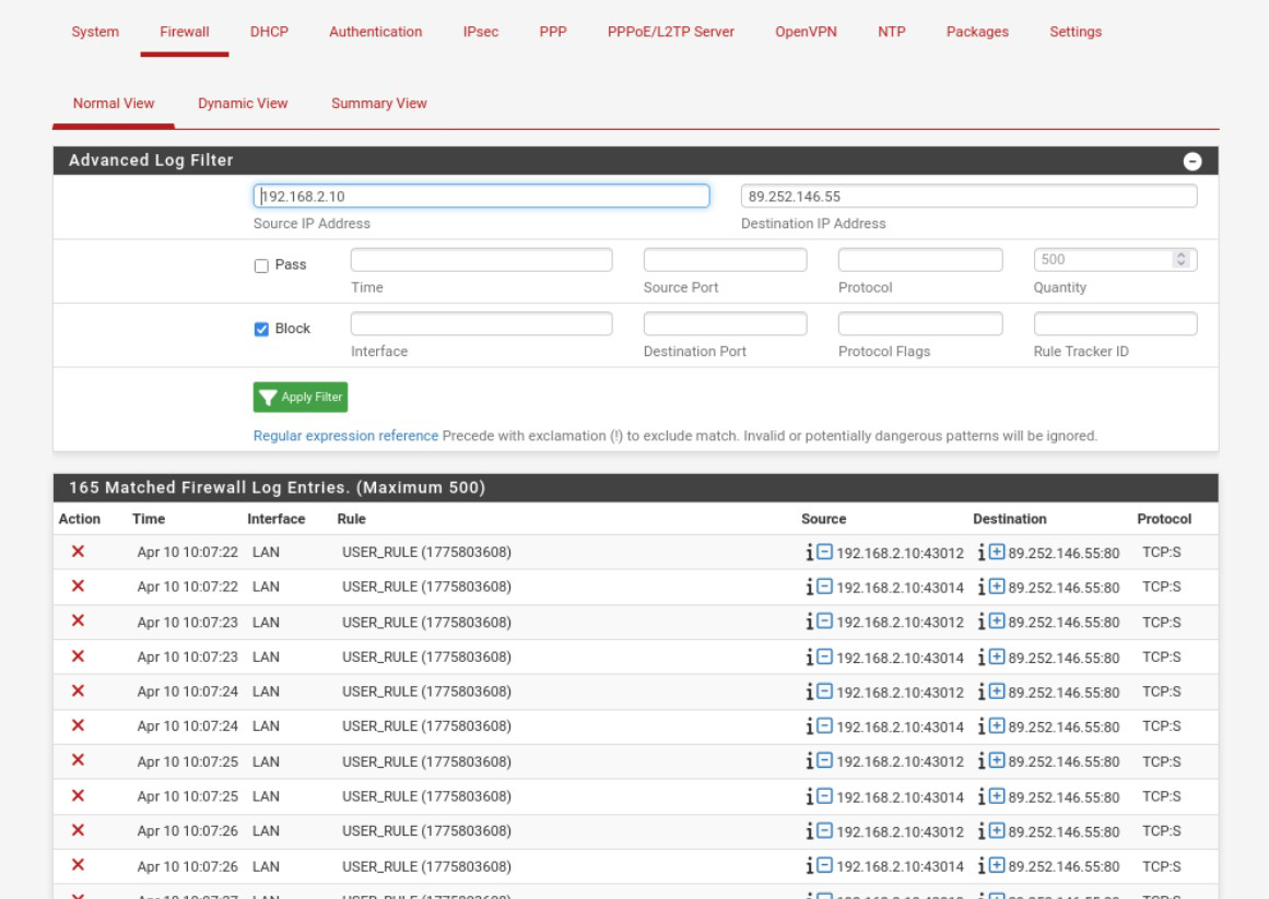 Firewall log kayıtlarında USER_RULE ile engellenen paketler