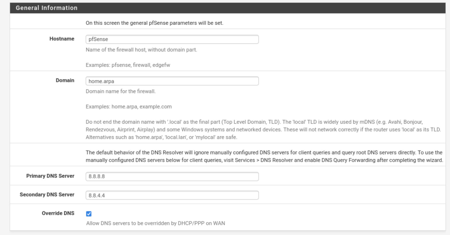 pfSense Setup genel bilgiler ekranı