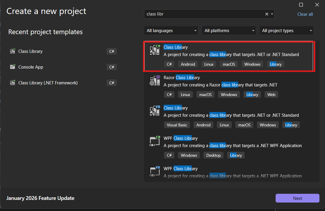 Figür 2: Visual Studio Proje Oluşturma - Class Library Seçimi